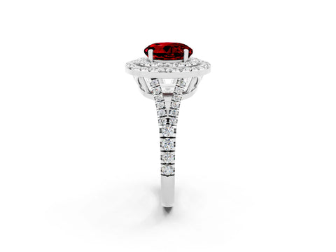 White gold Round Cut Ruby Double Halo Ring with Pavé Band and Prong Setting_14