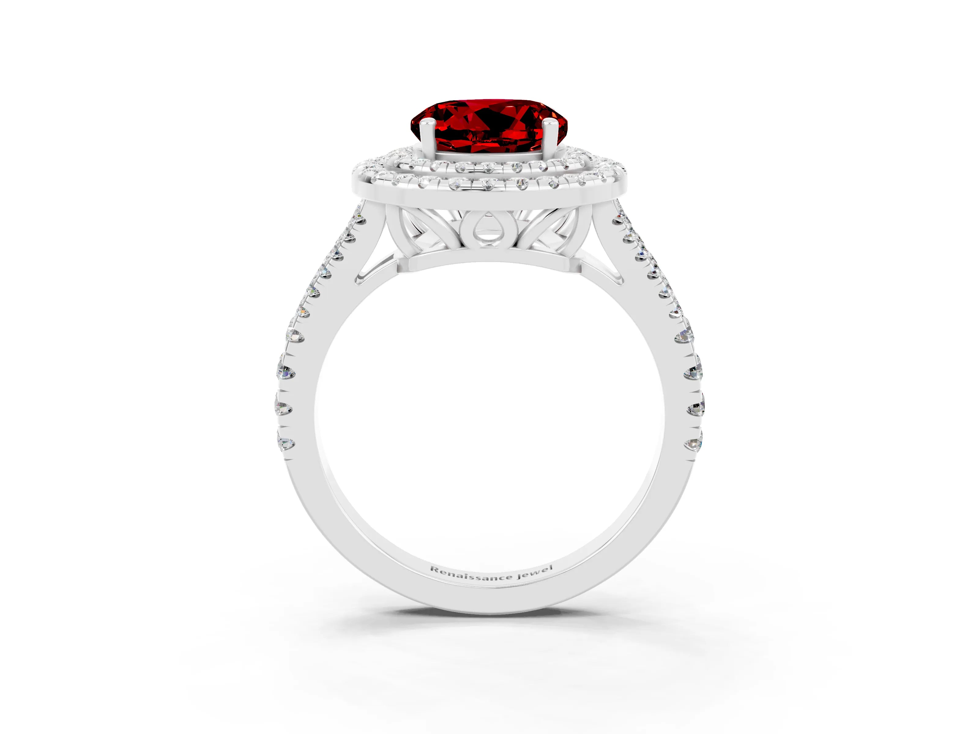 White gold Round Cut Ruby Double Halo Ring with Pavé Band and Prong Setting_15