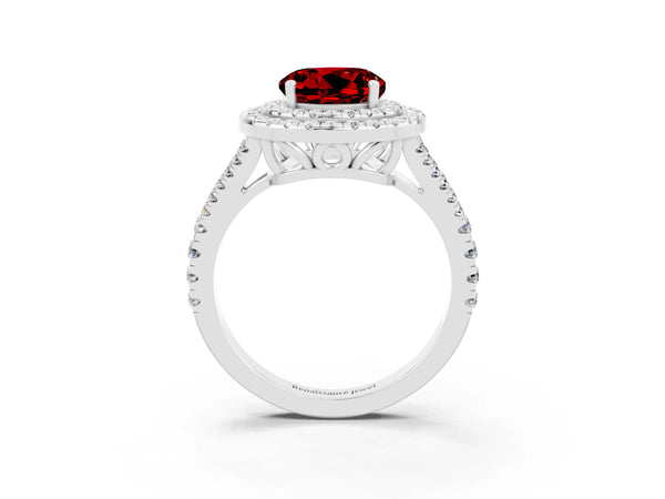 Platinum Round Cut Ruby Double Halo Ring with Pavé Band and Prong Setting