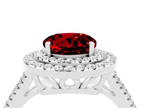 White gold Round Cut Ruby Double Halo Ring with Pavé Band and Prong Setting_16