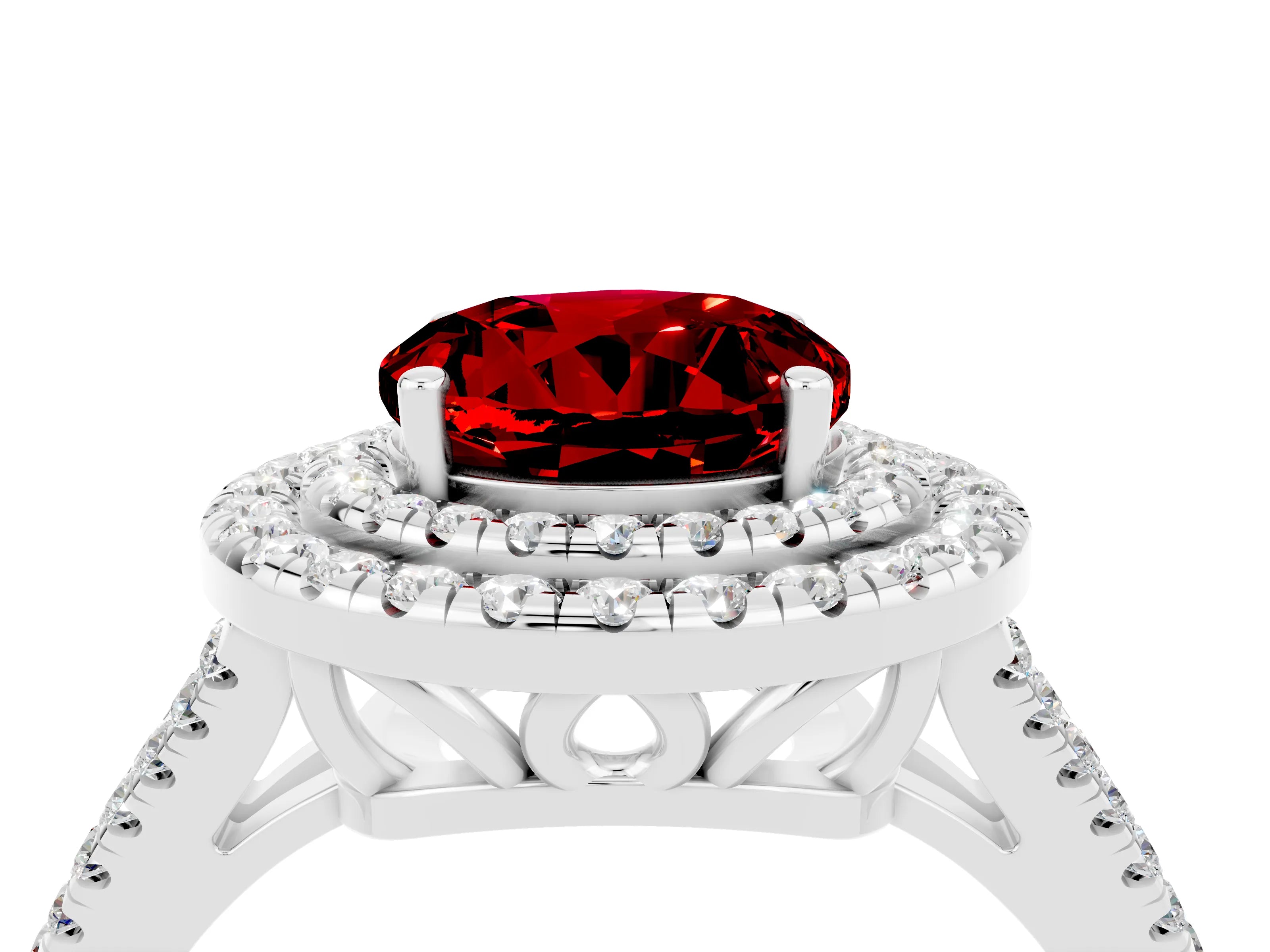 White gold Round Cut Ruby Double Halo Ring with Pavé Band and Prong Setting_16