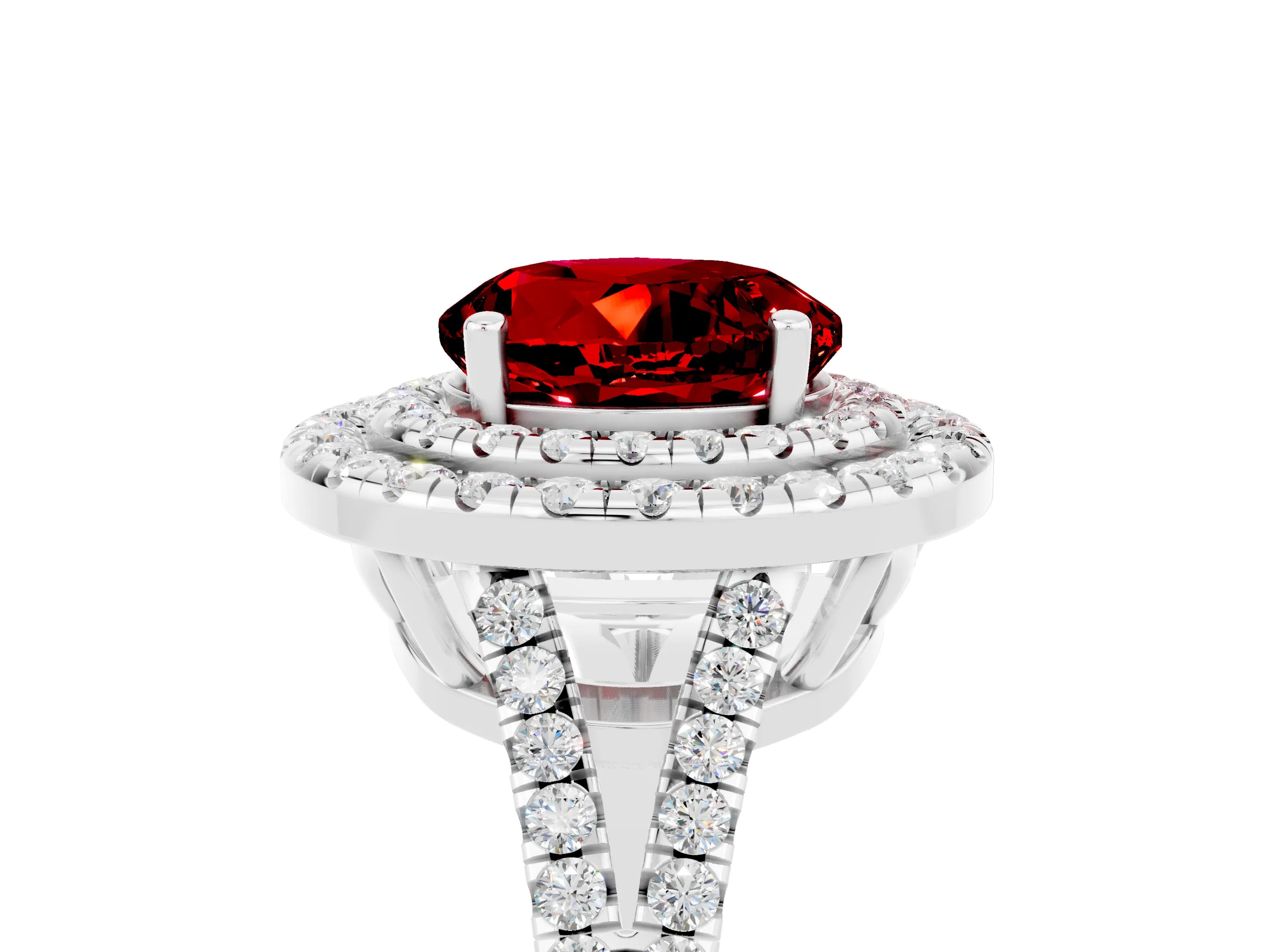 White gold Round Cut Ruby Double Halo Ring with Pavé Band and Prong Setting_17