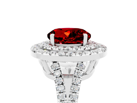 White gold Round Cut Ruby Double Halo Ring with Pavé Band and Prong Setting_17