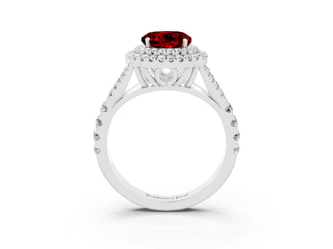 White gold Round Cut Ruby Double Halo Ring with Split Shank and Prong Setting_15