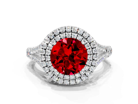 White gold Round Cut Ruby Double Halo Ring with Split Shank and Prong Setting_18