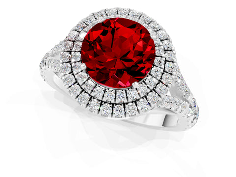 White gold Round Cut Ruby Double Halo Ring with Split Shank and Prong Setting_19