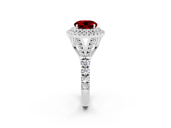 Silver Round Cut Ruby Double Halo Ring with Split Shank and Prong Setting