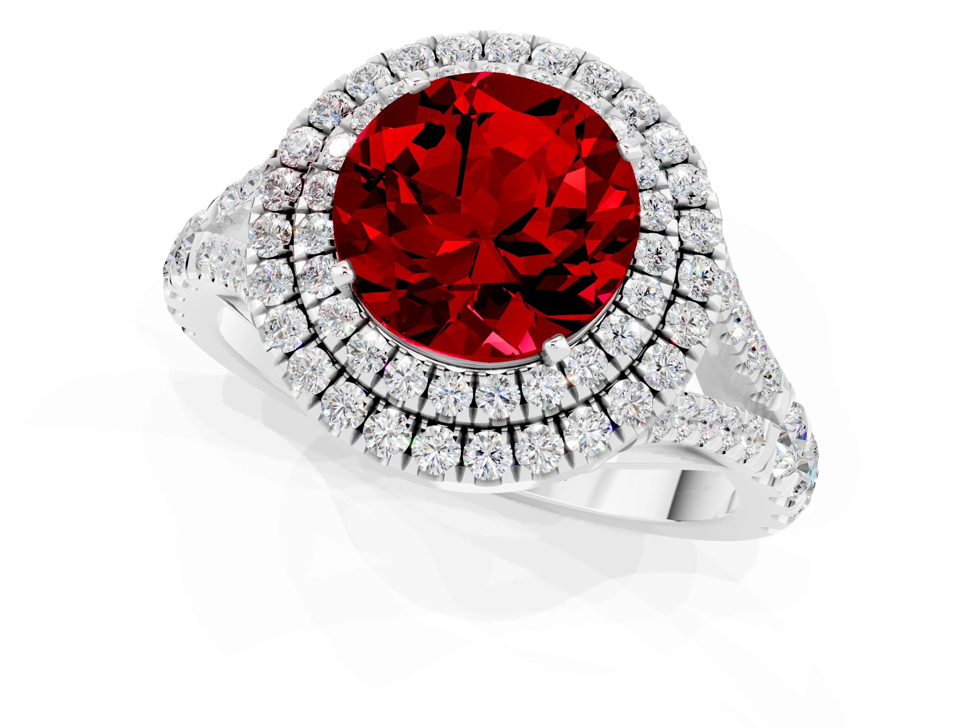 White gold Round Cut Ruby Double Halo Ring with Split Shank and Prong Setting_25