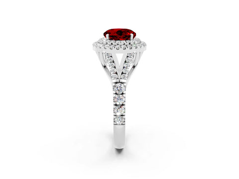 White gold Round Cut Ruby Double Halo Ring with Split Shank and Prong Setting_26