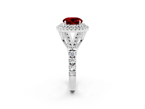 White gold Round Cut Ruby Double Halo Ring with Split Shank and Prong Setting_26