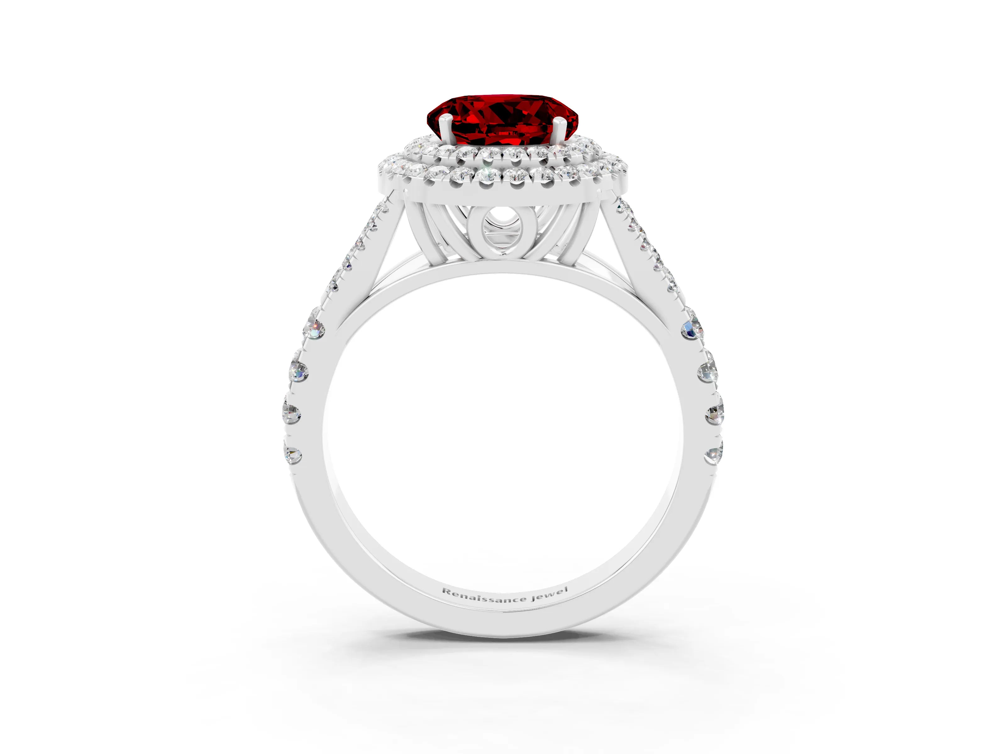 White gold Round Cut Ruby Double Halo Ring with Split Shank and Prong Setting_27