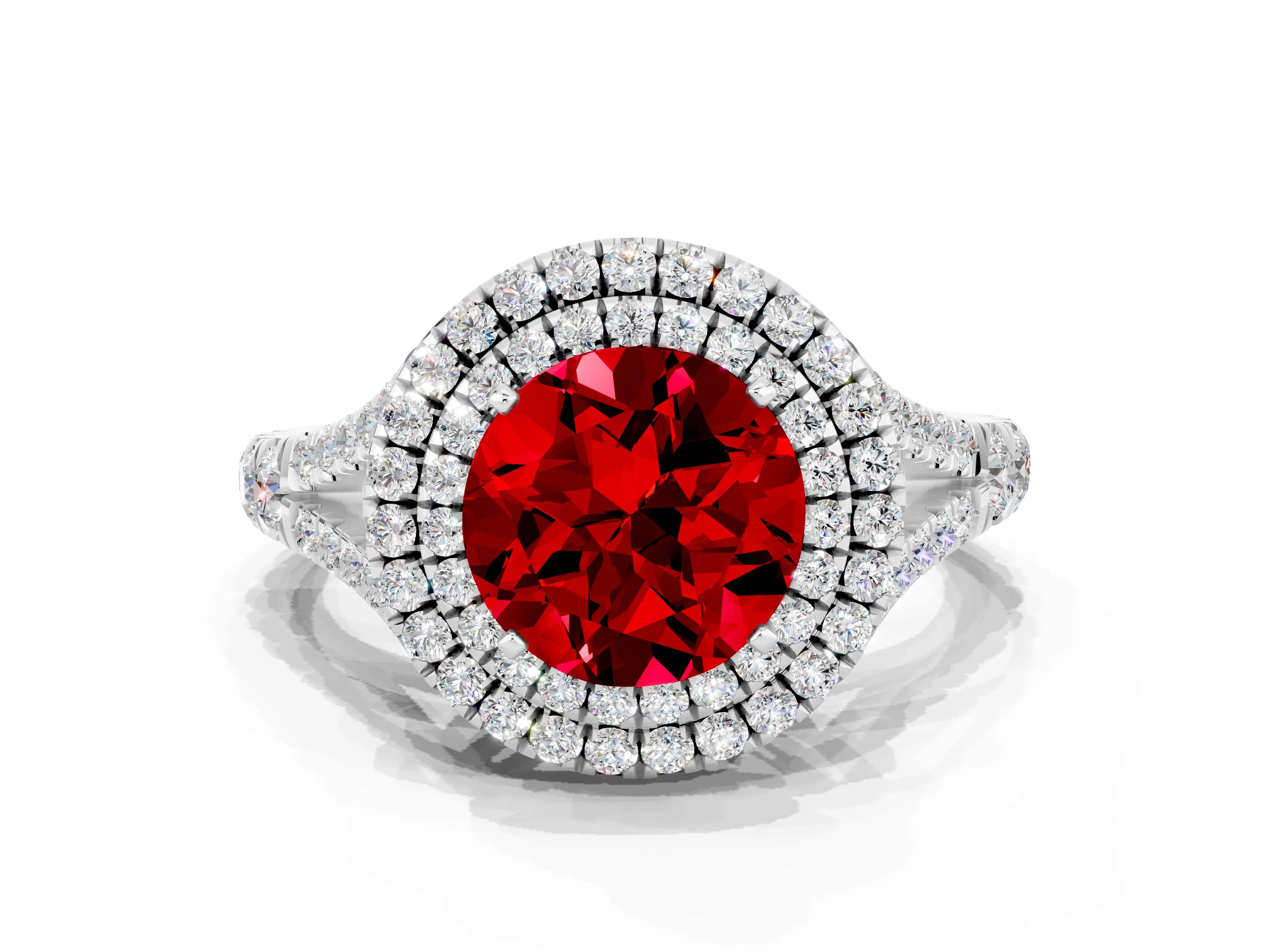 White gold Round Cut Ruby Double Halo Ring with Split Shank and Prong Setting_30