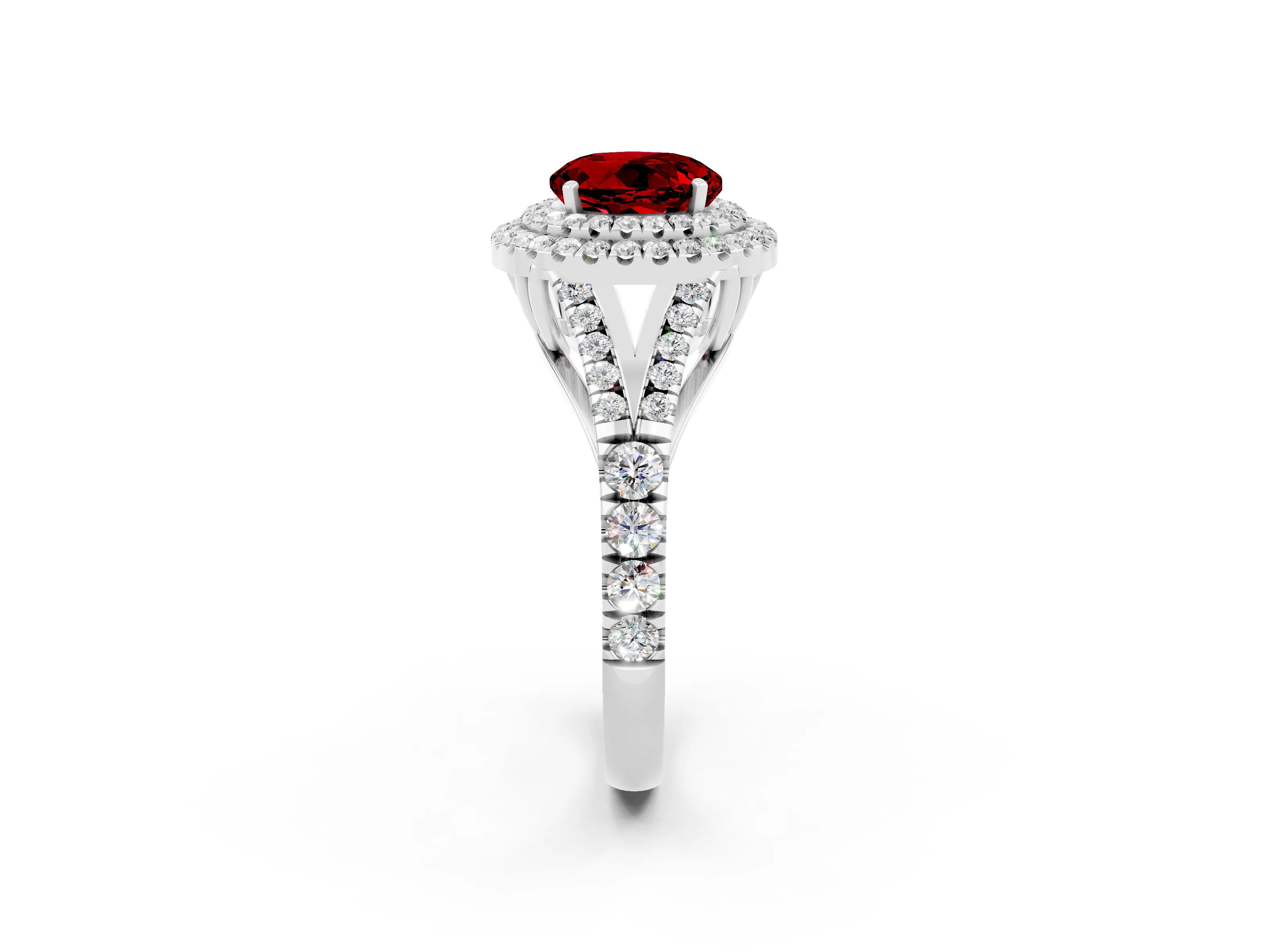 White gold Round Cut Ruby Double Halo Ring with Split Shank and Prong Setting_32