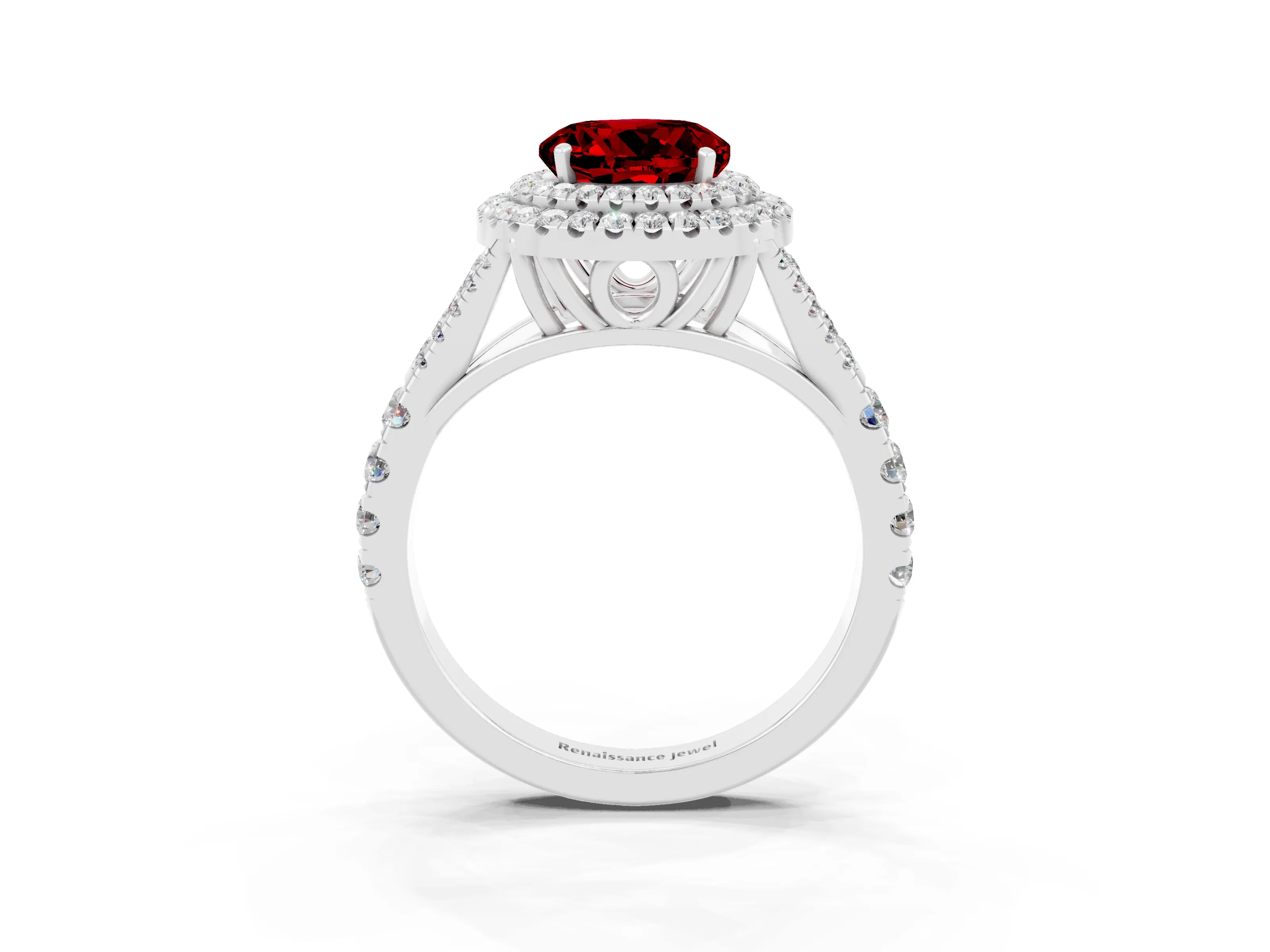 White gold Round Cut Ruby Double Halo Ring with Split Shank and Prong Setting_33