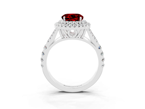 White gold Round Cut Ruby Double Halo Ring with Split Shank and Prong Setting