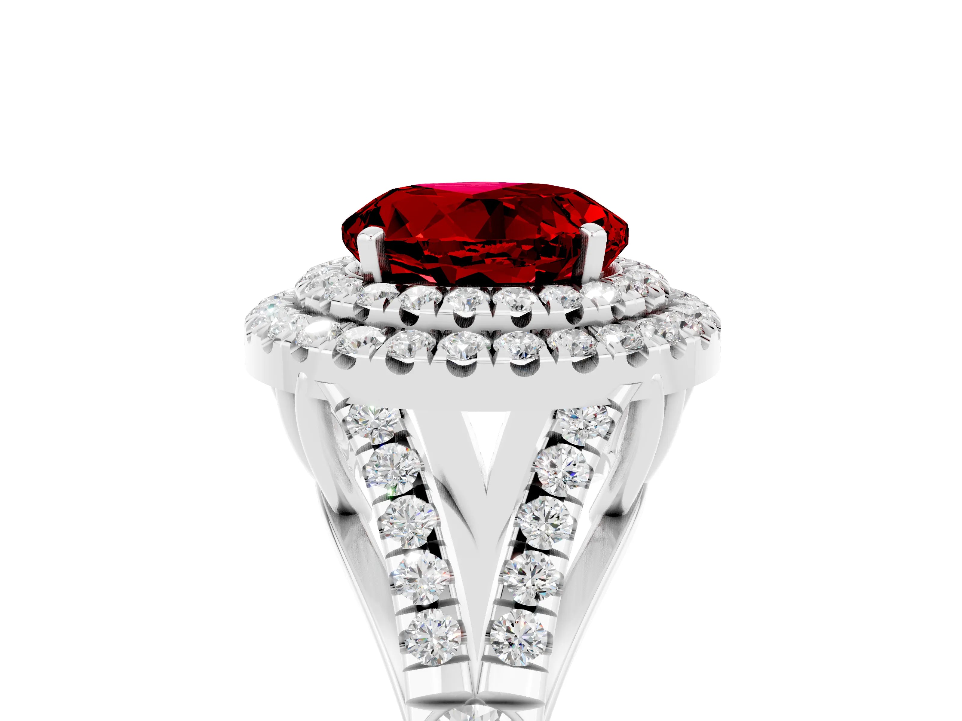 White gold Round Cut Ruby Double Halo Ring with Split Shank and Prong Setting_35