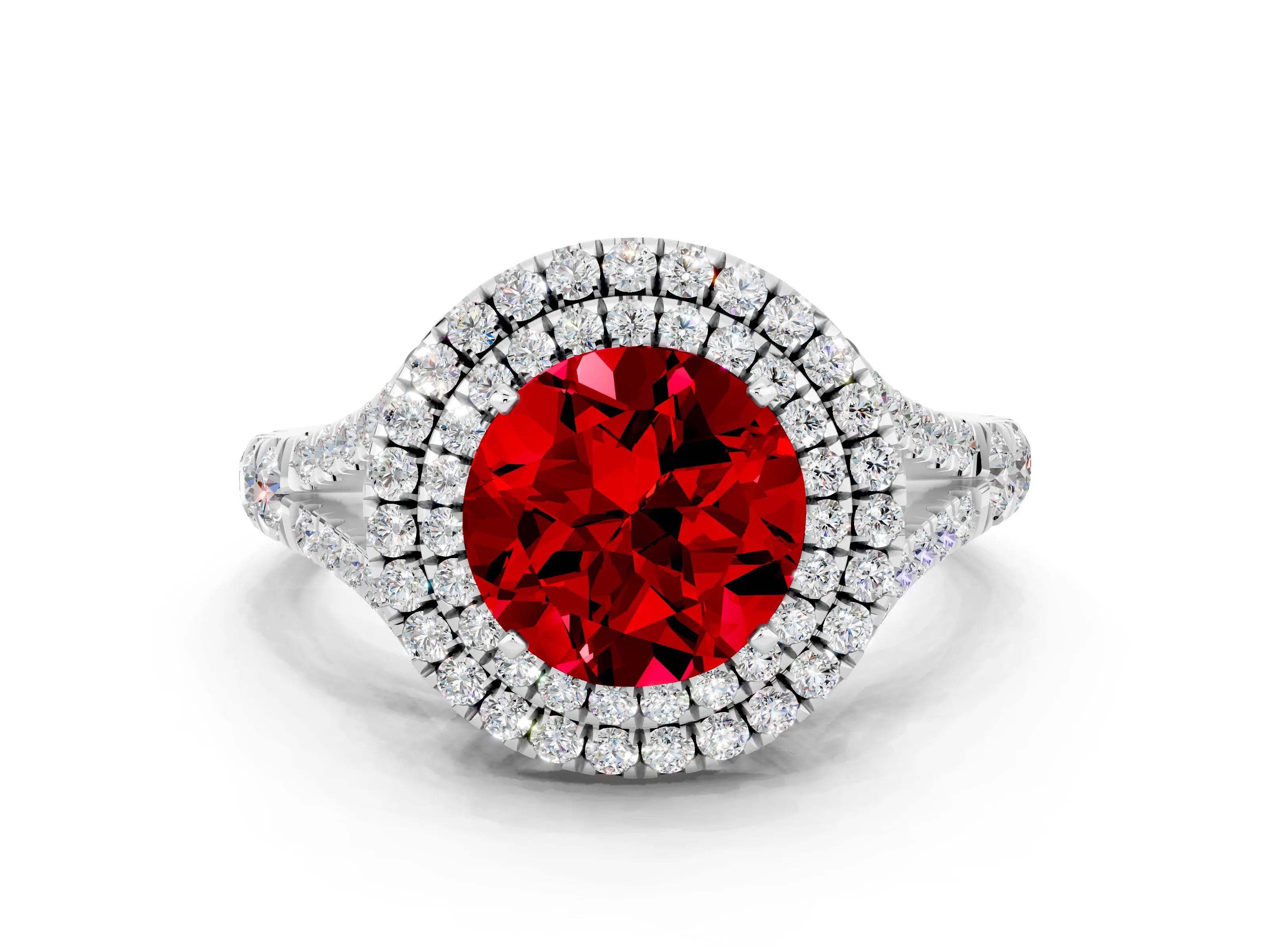 White gold Round Cut Ruby Double Halo Ring with Split Shank and Prong Setting_36