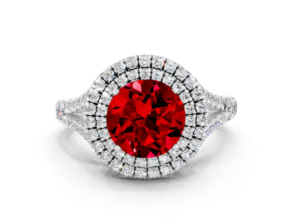 Platinum Round Cut Ruby Double Halo Ring with Split Shank and Prong Setting