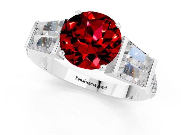 White gold Round Cut Ruby Engagement Ring with Baguette Side Stones and Channel Set Band
