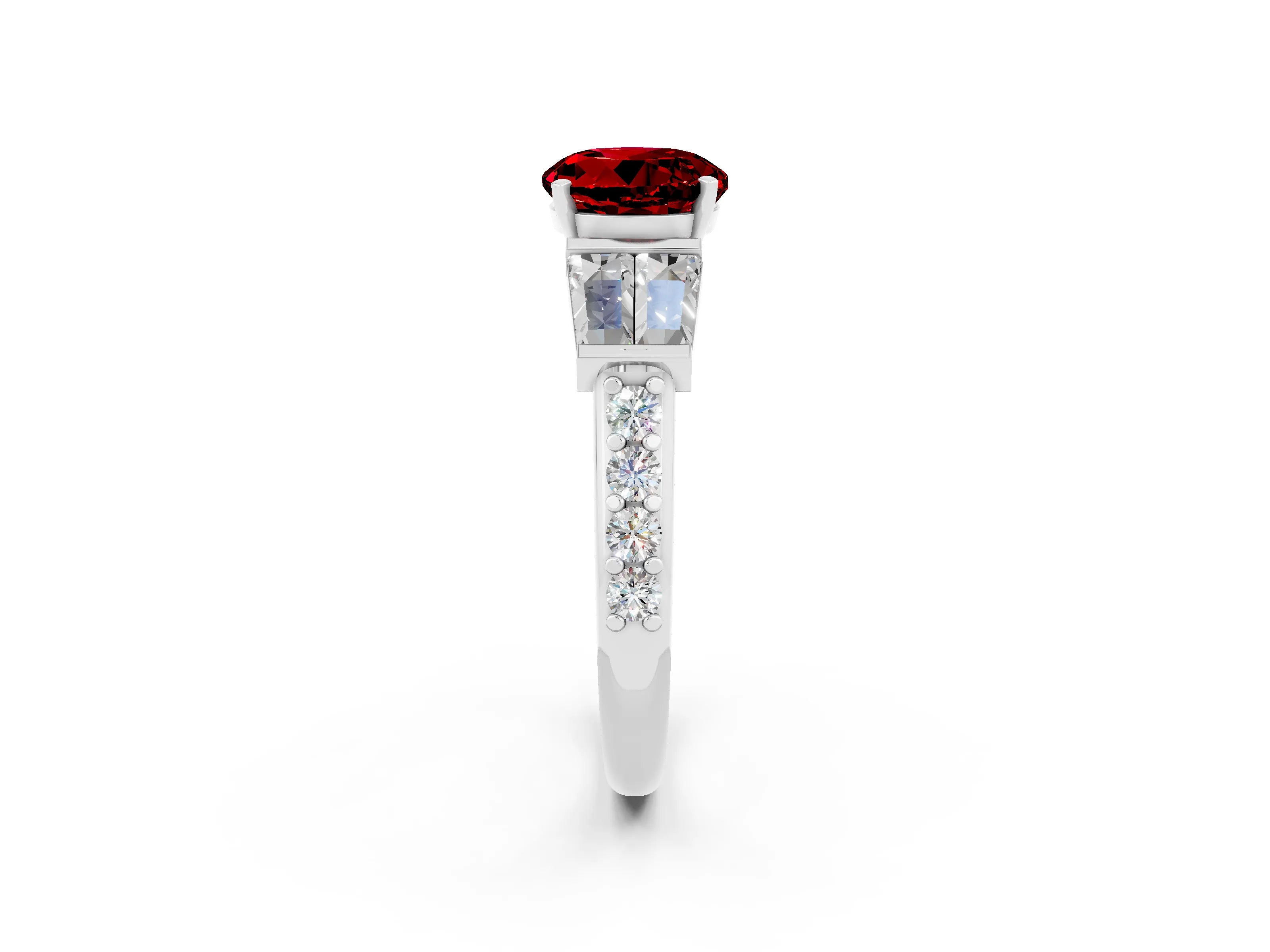 White gold Round Cut Ruby Engagement Ring with Baguette Side Stones and Channel Set Band_2