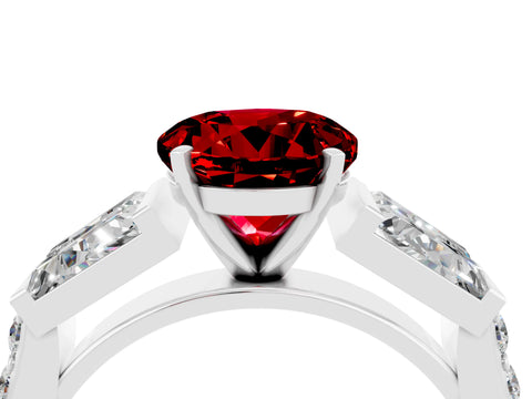 White gold Round Cut Ruby Engagement Ring with Baguette Side Stones and Channel Set Band_4