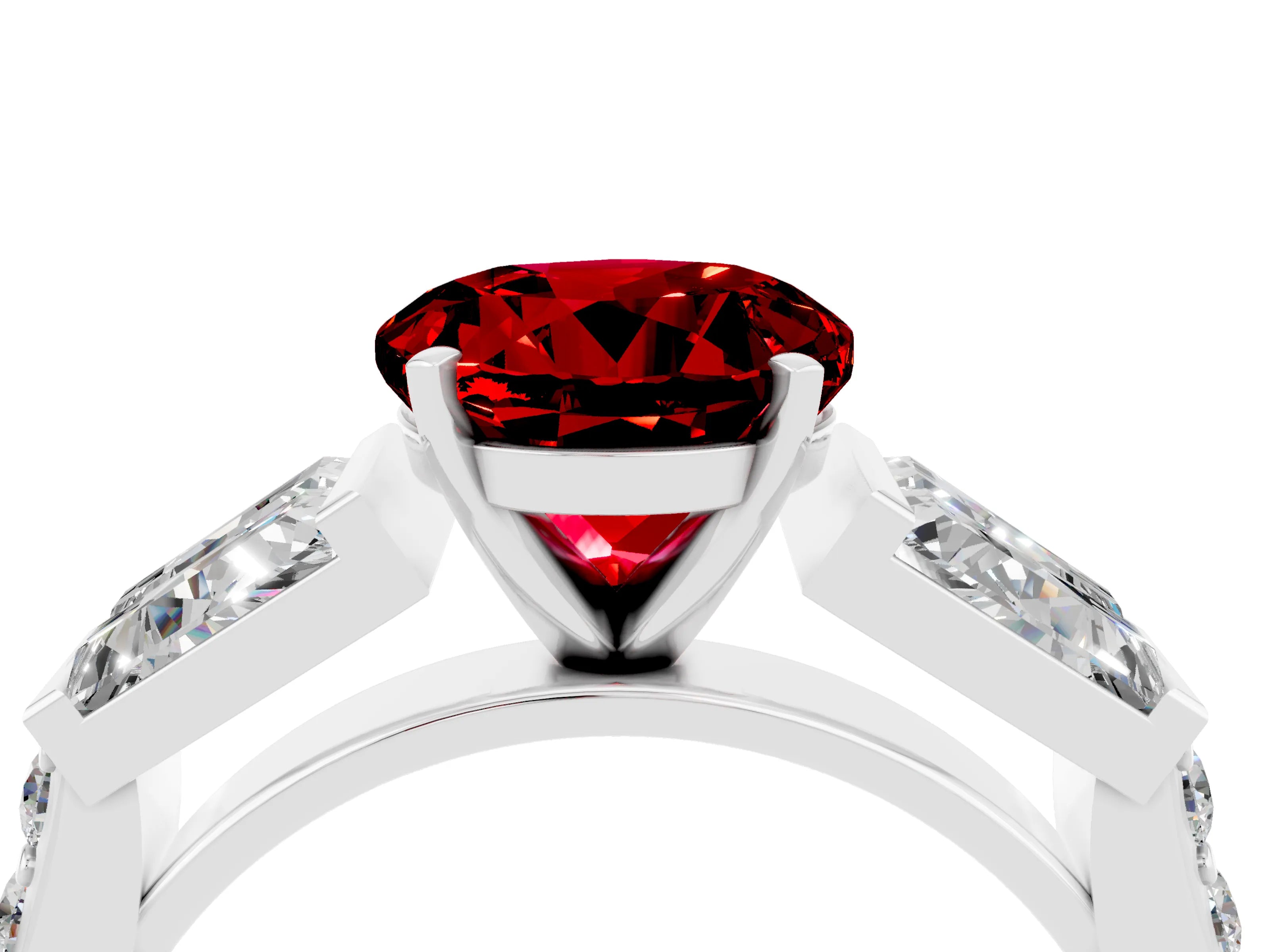 White gold Round Cut Ruby Engagement Ring with Baguette Side Stones and Channel Set Band_4
