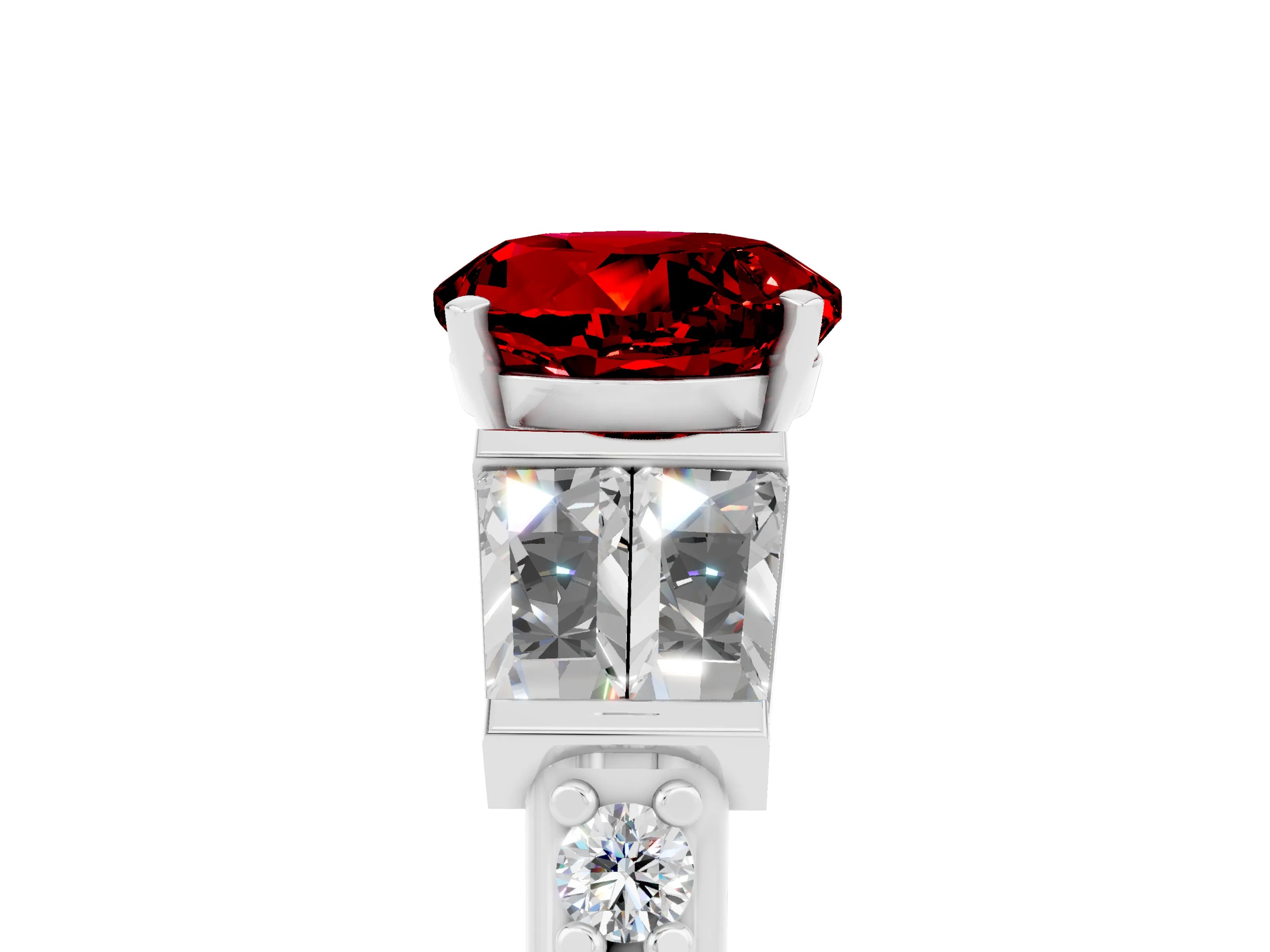 White gold Round Cut Ruby Engagement Ring with Baguette Side Stones and Channel Set Band_5