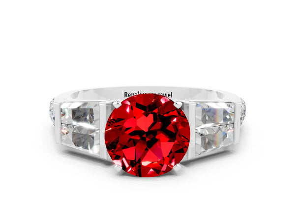 Silver Round Cut Ruby Engagement Ring with Baguette Side Stones and Channel Set Band