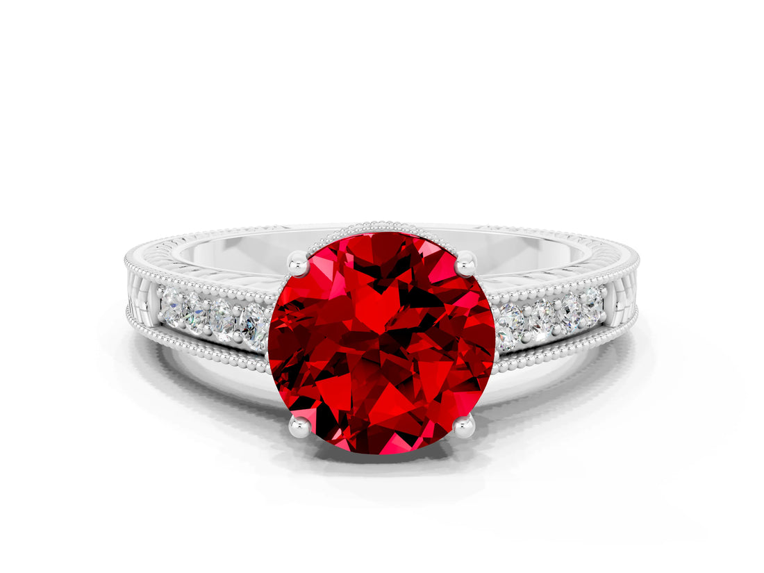 White gold Round Cut Ruby Engagement Ring with Milgrain Channel Set Band and Prong Setting