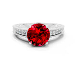 White gold Round Cut Ruby Engagement Ring with Milgrain Channel Set Band and Prong Setting