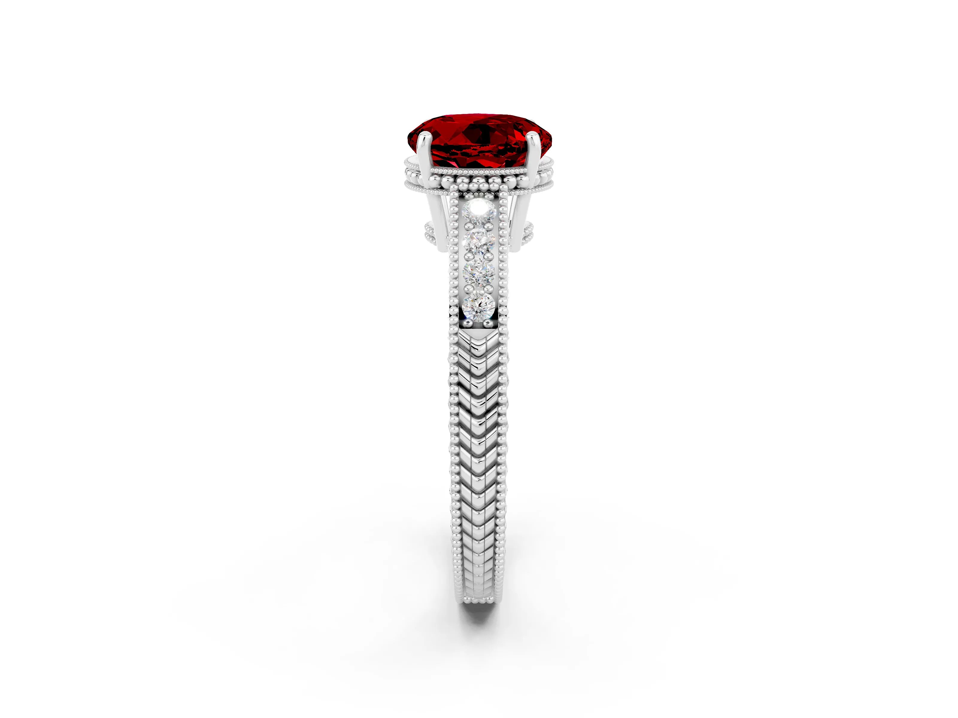 White gold Round Cut Ruby Engagement Ring with Milgrain Channel Set Band and Prong Setting_2