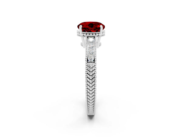 White gold Round Cut Ruby Engagement Ring with Milgrain Channel Set Band and Prong Setting