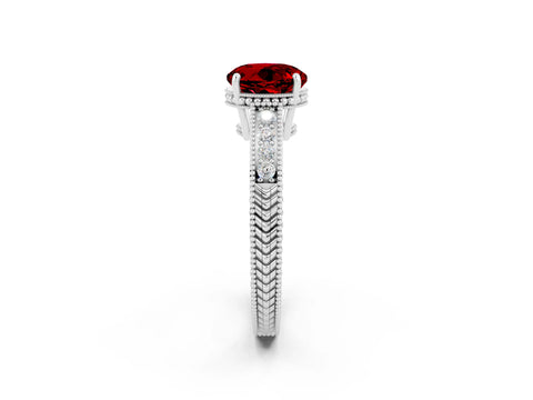 White gold Round Cut Ruby Engagement Ring with Milgrain Channel Set Band and Prong Setting_2