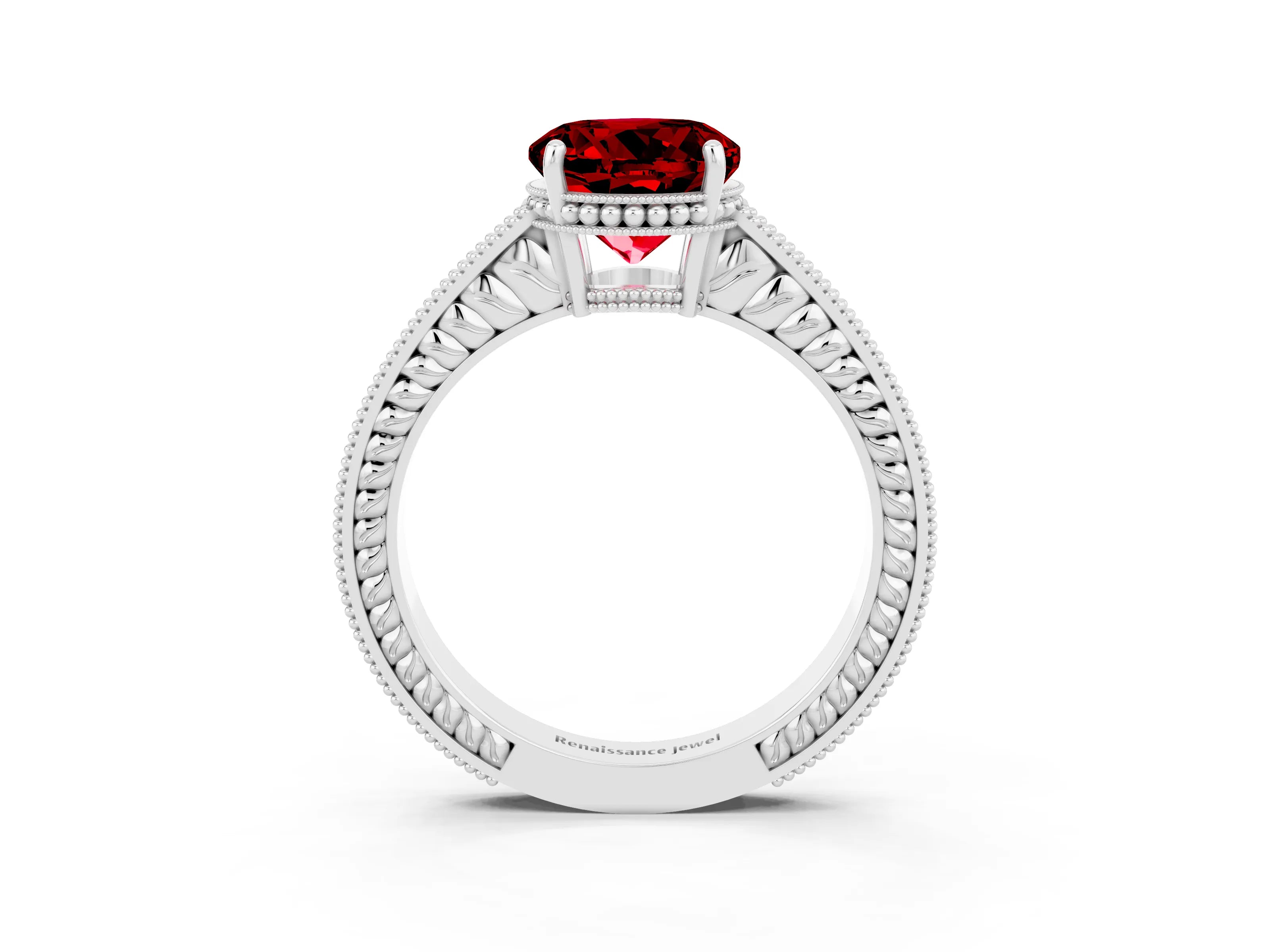 White gold Round Cut Ruby Engagement Ring with Milgrain Channel Set Band and Prong Setting_3