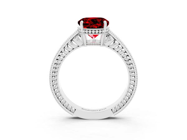 Silver Round Cut Ruby Engagement Ring with Milgrain Channel Set Band and Prong Setting