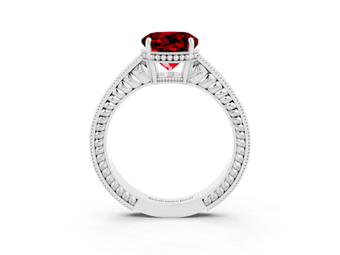 White gold Round Cut Ruby Engagement Ring with Milgrain Channel Set Band and Prong Setting_3