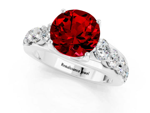 White gold Round Cut Ruby Engagement Ring with Pavé Band and Four-Prong Setting_1
