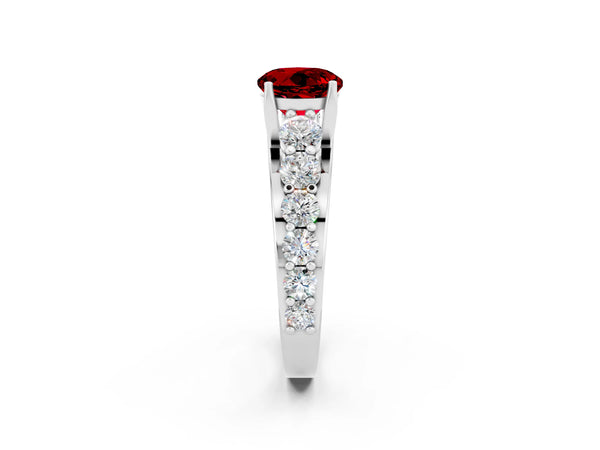 Platinum Round Cut Ruby Engagement Ring with Pavé Band and Four-Prong Setting