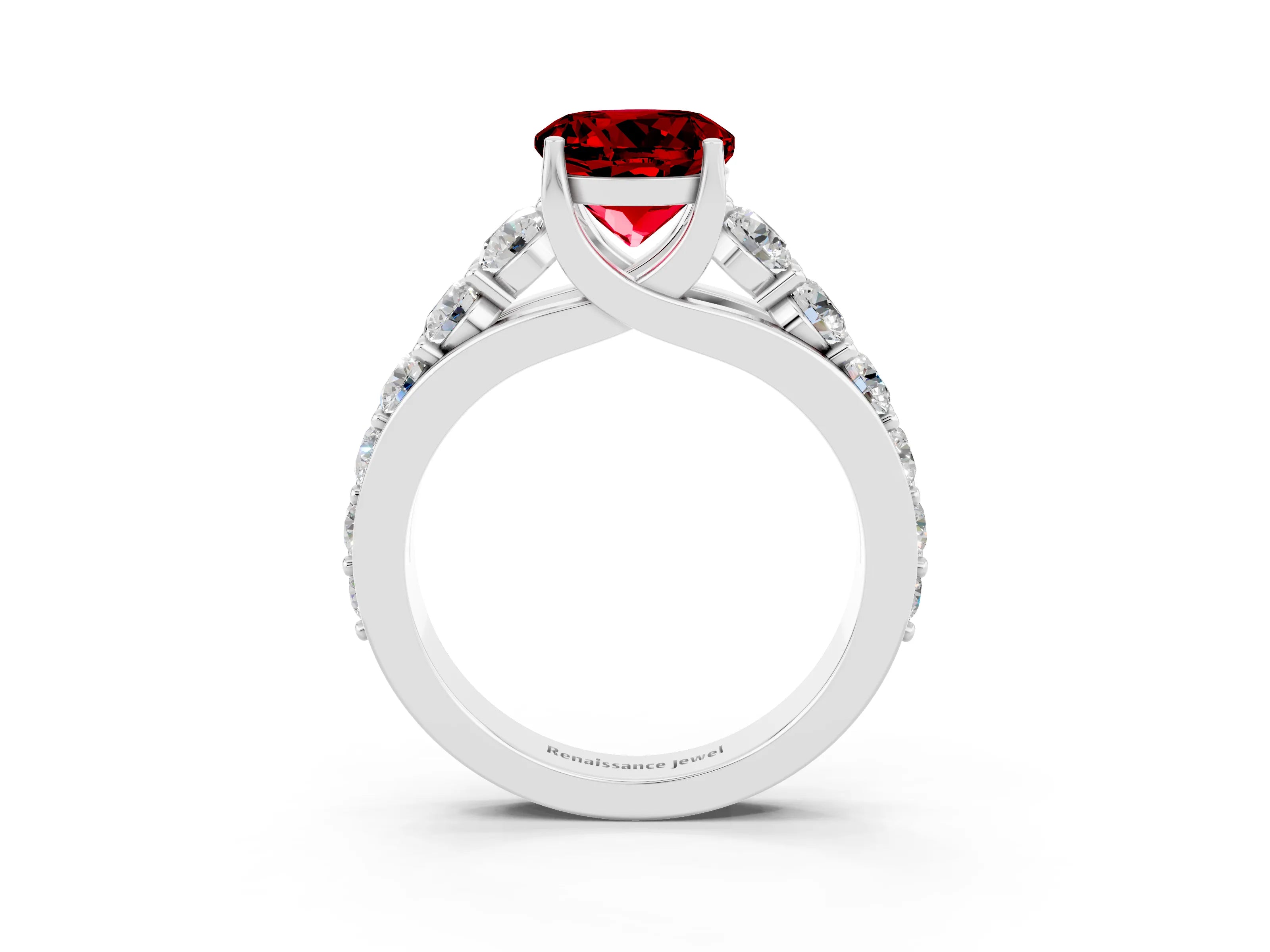White gold Round Cut Ruby Engagement Ring with Pavé Band and Four-Prong Setting_3
