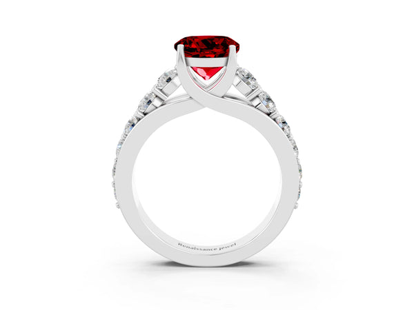 White gold Round Cut Ruby Engagement Ring with Pavé Band and Four-Prong Setting