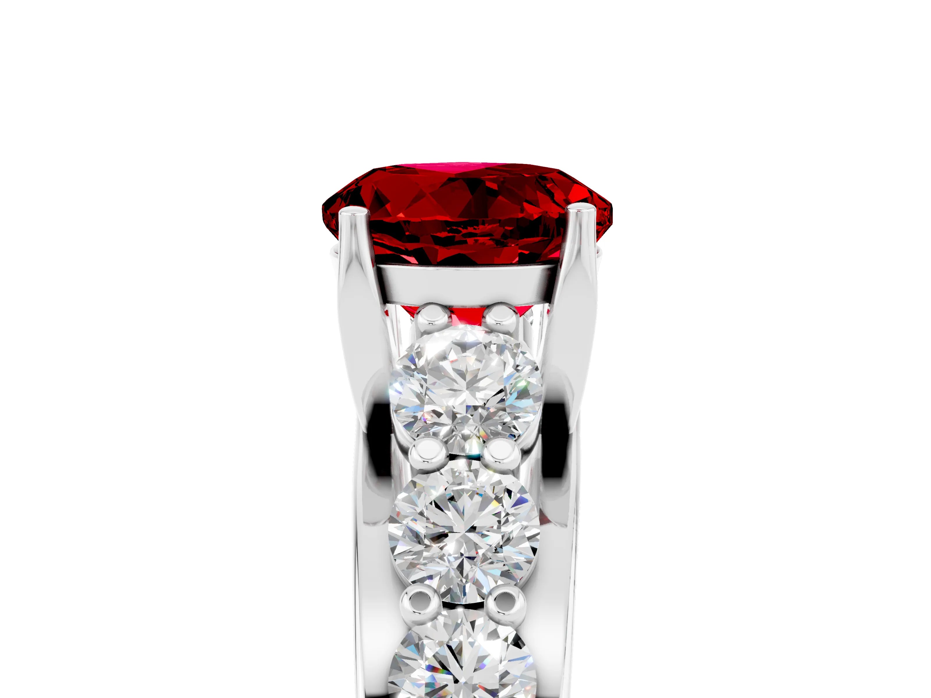 White gold Round Cut Ruby Engagement Ring with Pavé Band and Four-Prong Setting_5