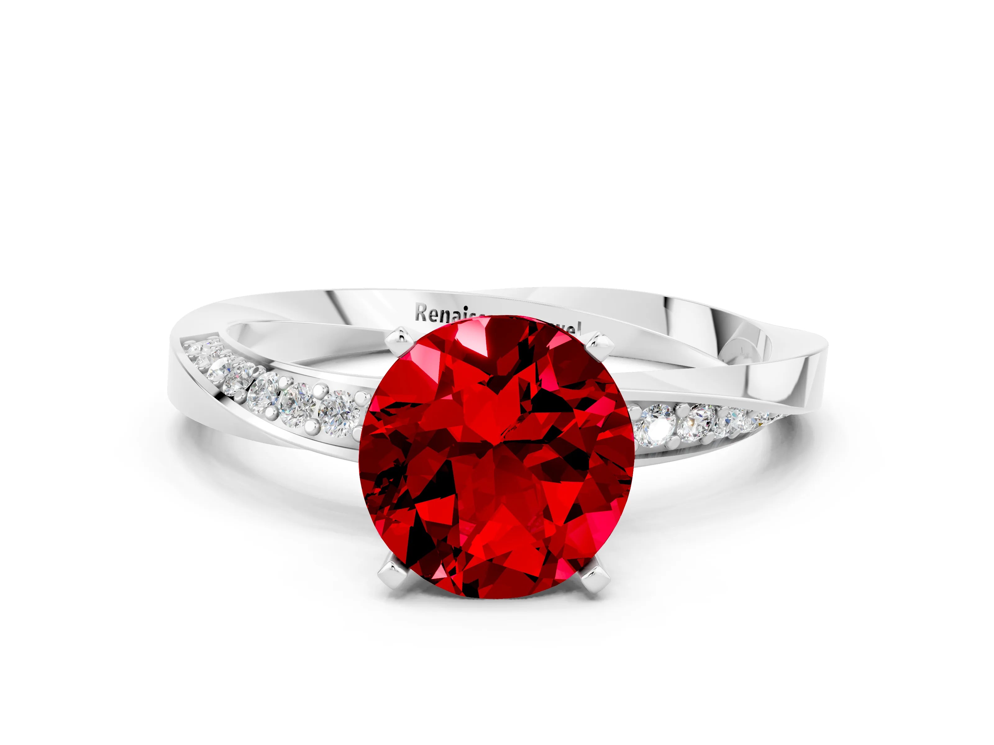 White gold Round Cut Ruby Engagement Ring with Side Stone Accents and Four-Prong Setting_27