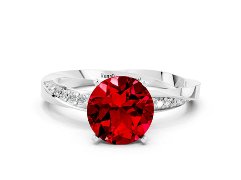 White gold Round Cut Ruby Engagement Ring with Side Stone Accents and Four-Prong Setting_27