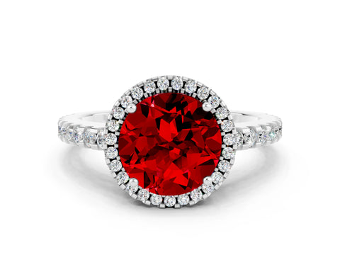 White gold Round Cut Ruby Halo Engagement Ring with Pavé Band and Prong Setting_12