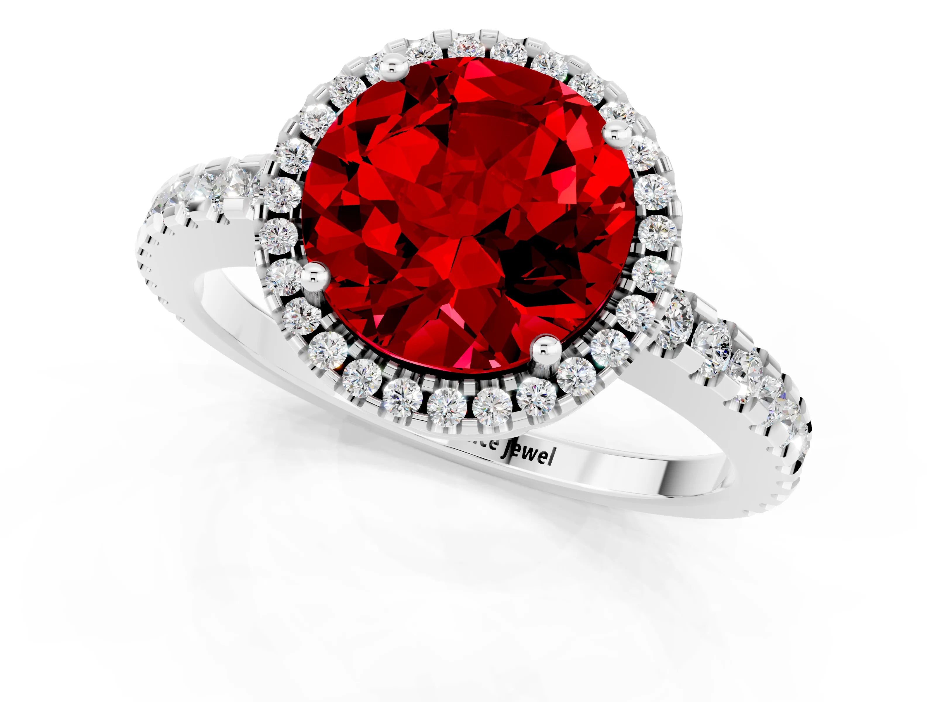 White gold Round Cut Ruby Halo Engagement Ring with Pavé Band and Prong Setting_13