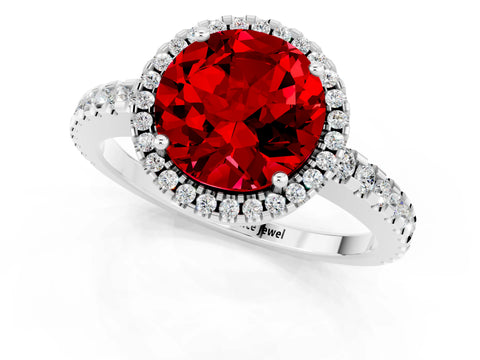 White gold Round Cut Ruby Halo Engagement Ring with Pavé Band and Prong Setting_13