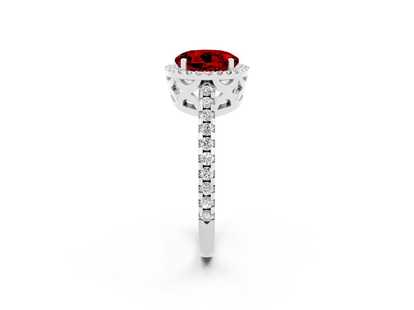 Platinum Round Cut Ruby Halo Engagement Ring with Pavé Band and Prong Setting