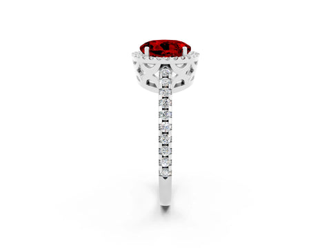 White gold Round Cut Ruby Halo Engagement Ring with Pavé Band and Prong Setting_14