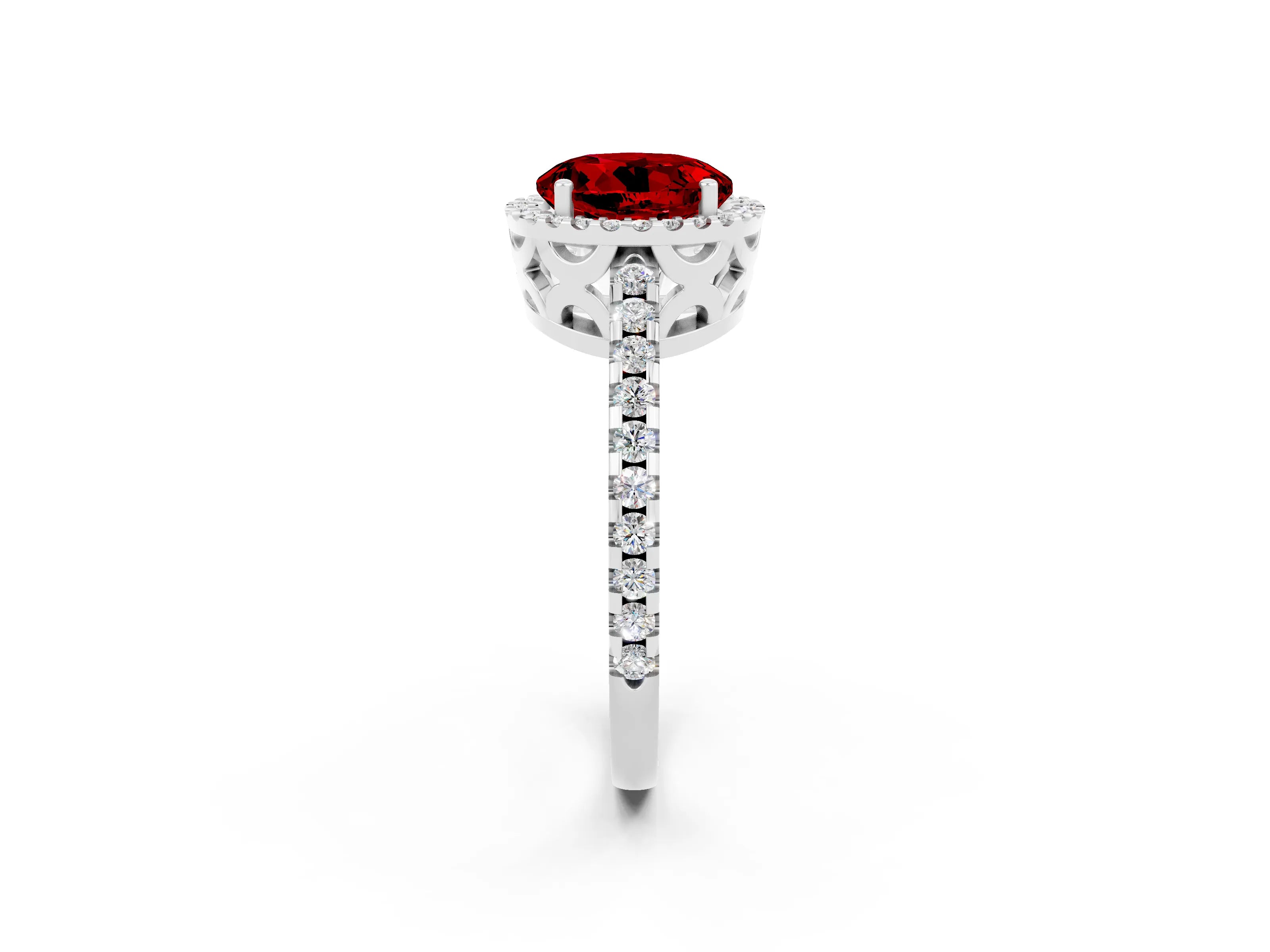 White gold Round Cut Ruby Halo Engagement Ring with Pavé Band and Prong Setting_14