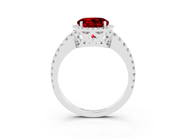 Platinum Round Cut Ruby Halo Engagement Ring with Pavé Band and Prong Setting